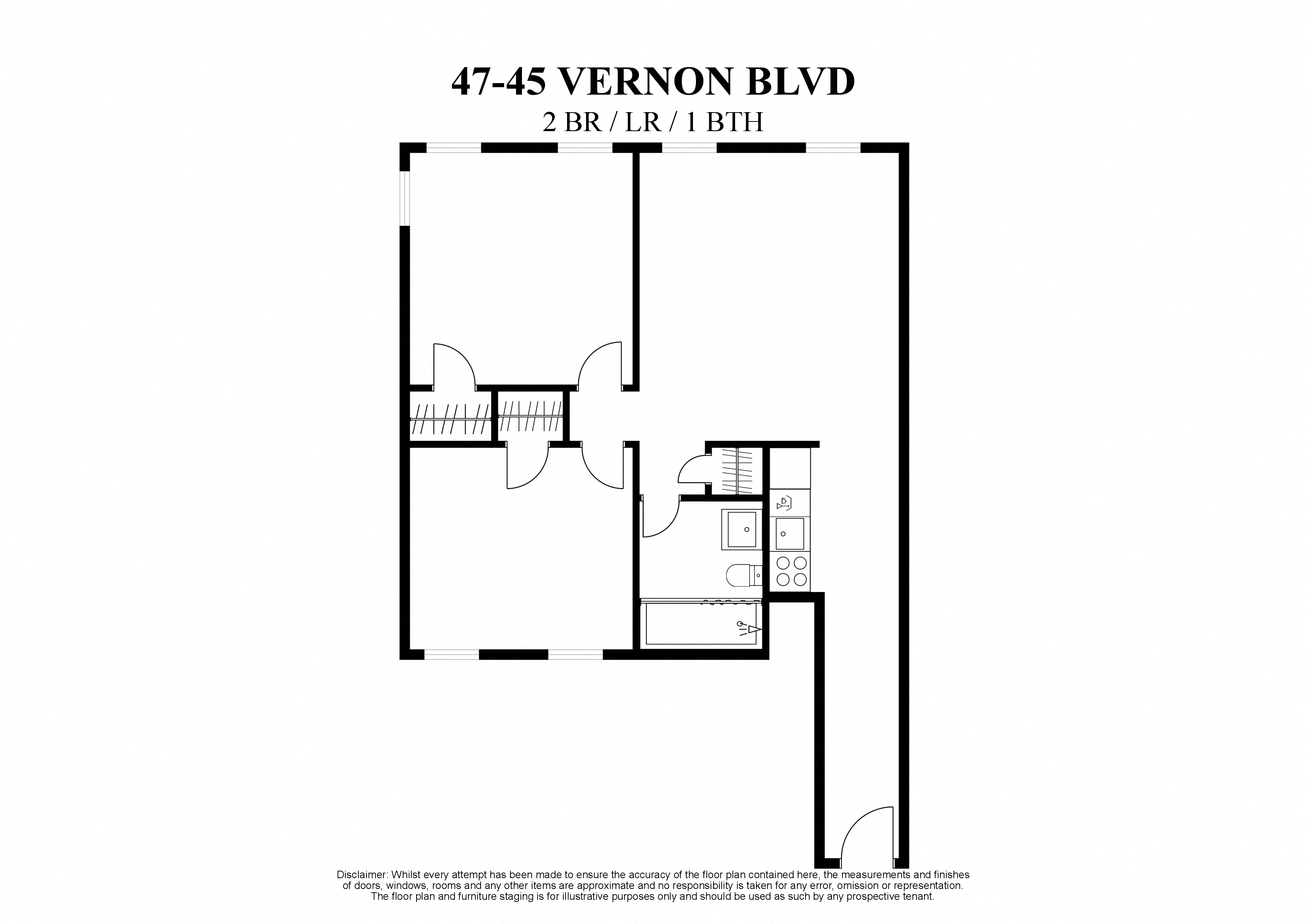 Floor plan for 2 beds, 1 bath, 736 sqft